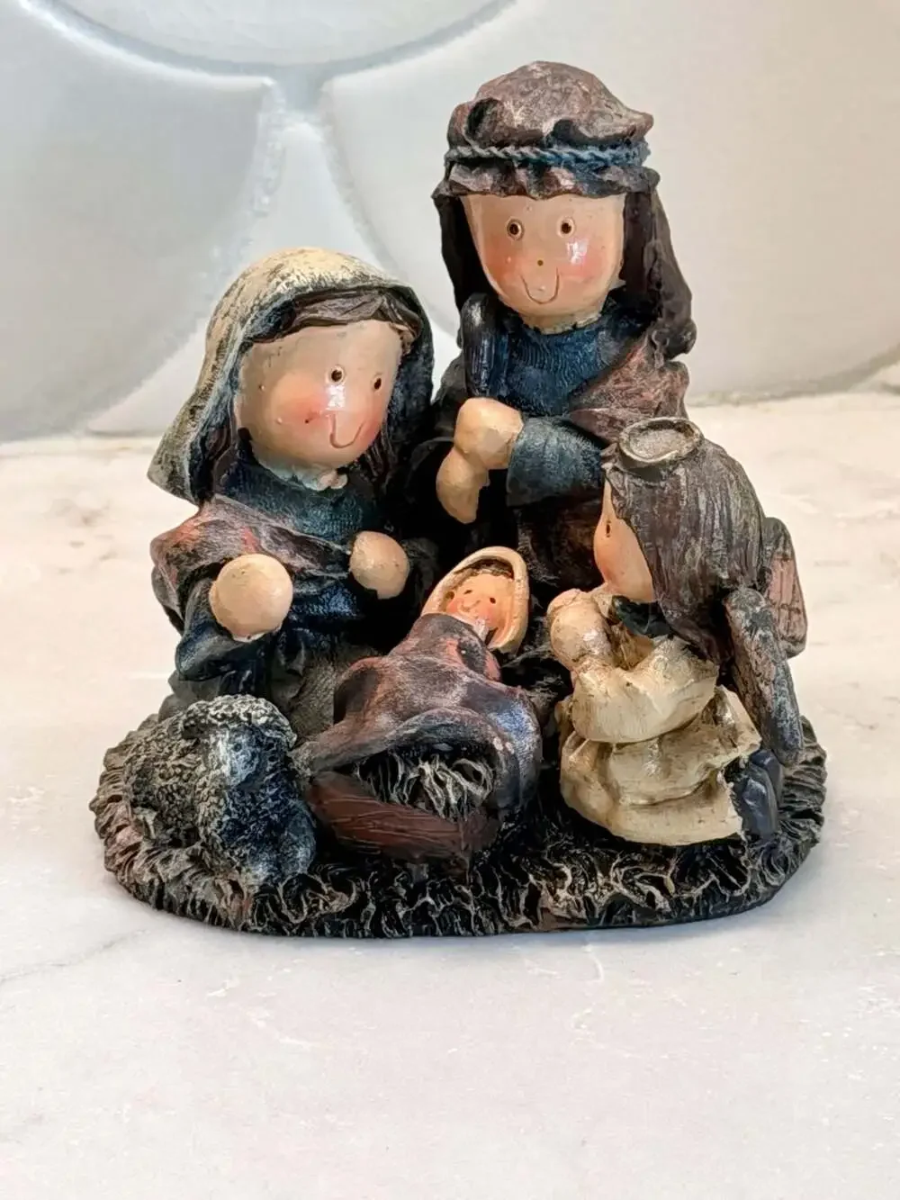 Childlike Nativity Scene Figurine Holy Family with Angel and Sheep